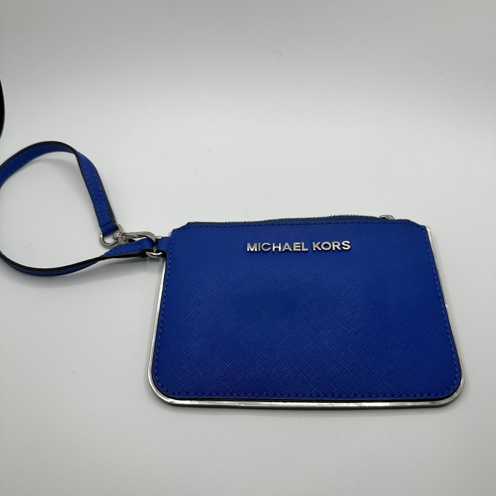 Michael Kors Electric Blue Saffiano Leather Wristlet Pouch Silver Tone Hardware